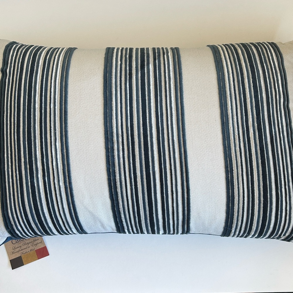 Caldeira Navy Blue White Velvet Striped Feathered Lumbar Home Decorative Pillow